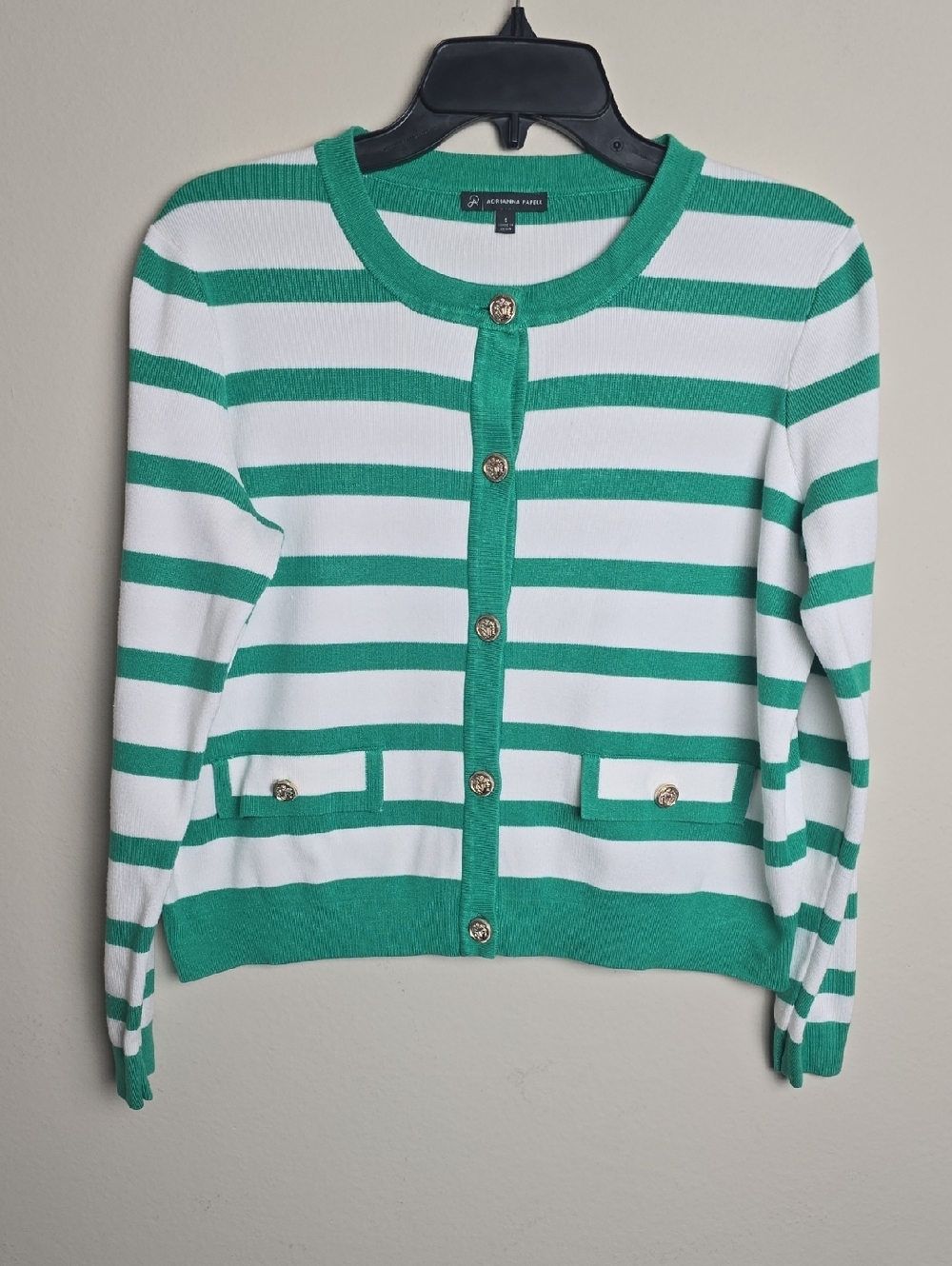 Adrianna Papell Green and White Striped Button-Front Cardigan